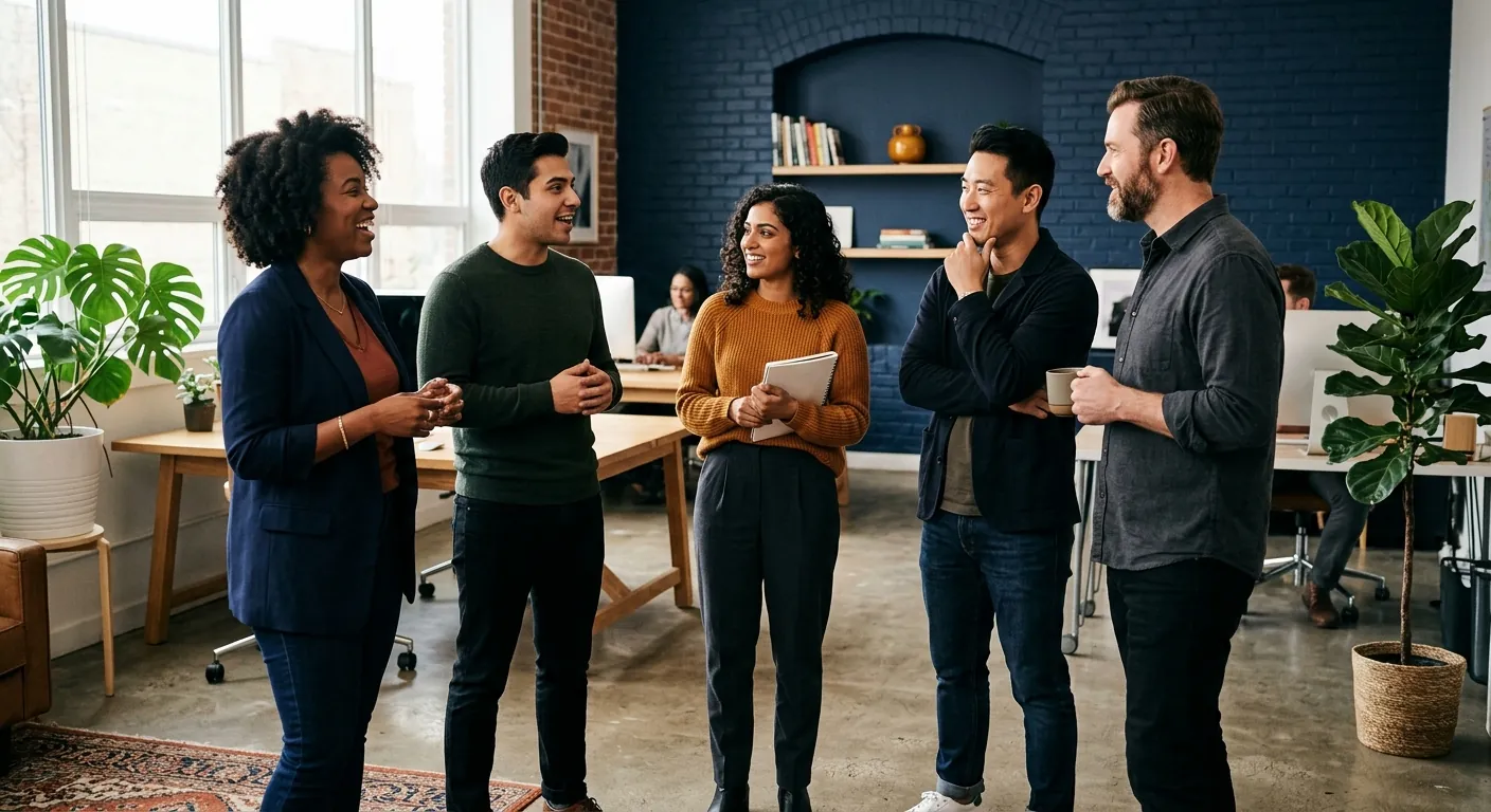 A small team talking through campaign ideas in a bright studio kitchen