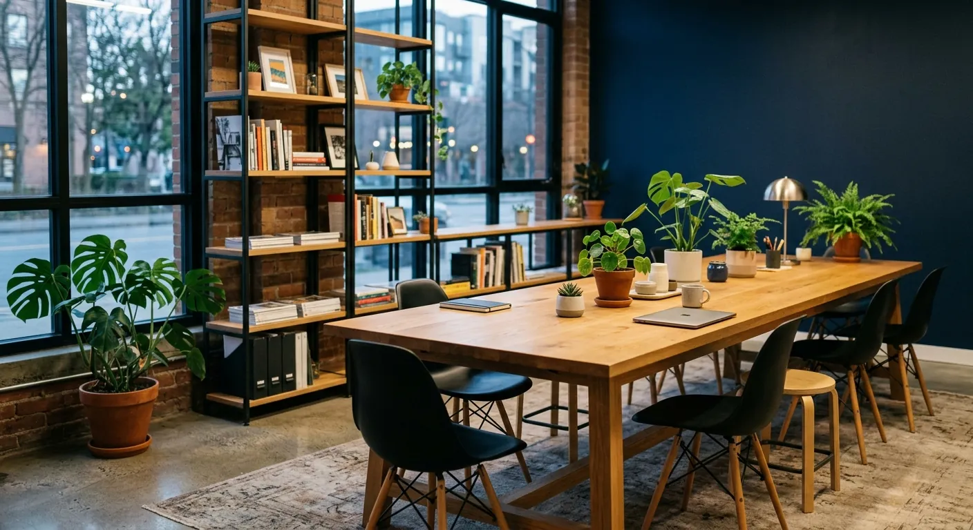 A quiet local office with a long meeting table, plants and morning window light