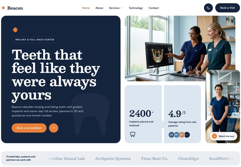 Beacon Implant & Dental, a dental implants site from the Ziwi design library