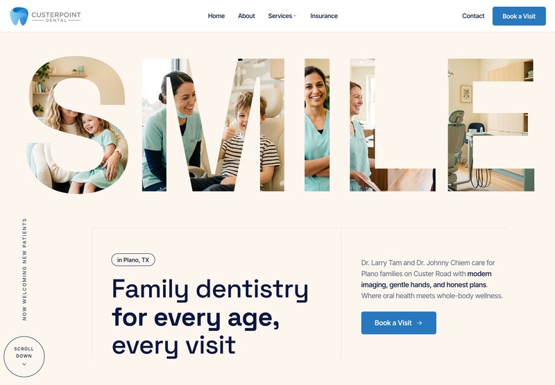 Custerpoint Dental, a dental site from the Ziwi design library