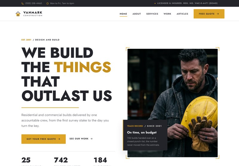 A construction website from the Ziwi design library
