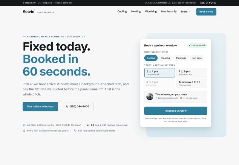 Kelvin Home Services demo website from the Ziwi design library, a full site with a navigation menu, a headline and a booking widget